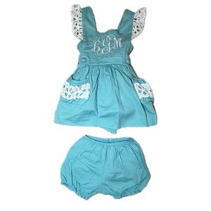 Ricrac & Ruffles Turquoise and White Dress with Diaper Cover - Size 3T